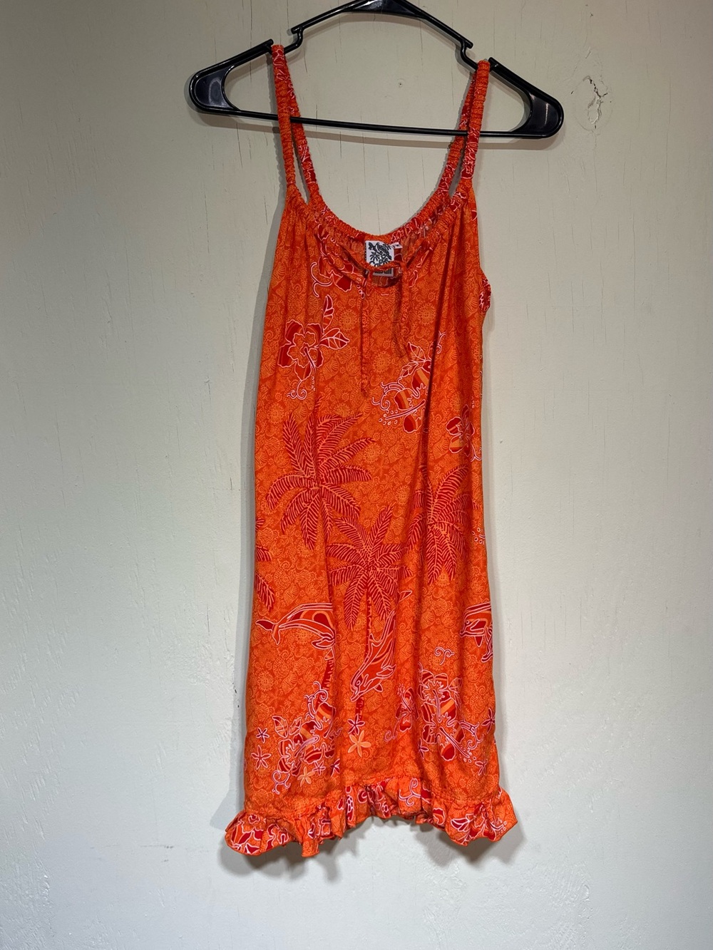 Cabali vtg bright orange tropical Hawaiian dolphin palm tree mini dress medium